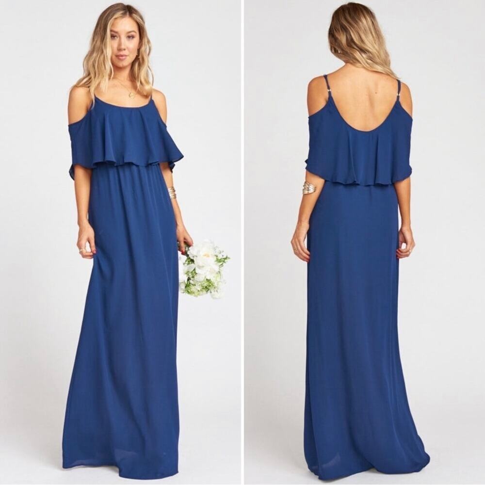 show me your mumu caitlin ruffle maxi dress navy chiffon lined as mini small